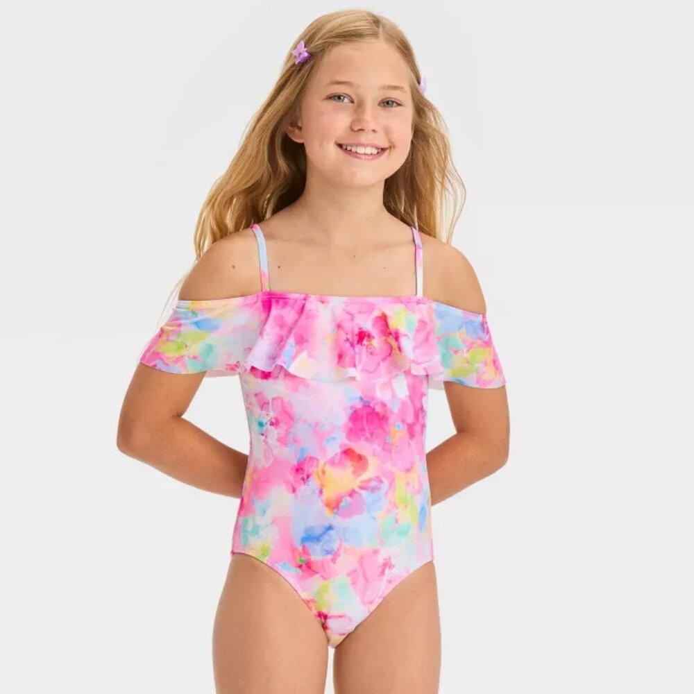 NWT Cat & Jack Floral Watercolor Girly One Piece Swimsuit Size XS (4/5)